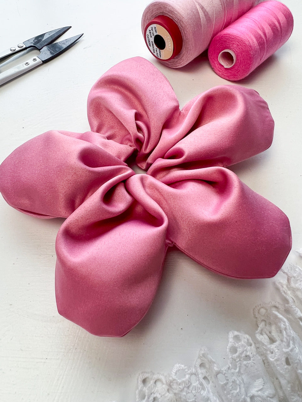 Pink Satin Oversize Flower Scrunchie