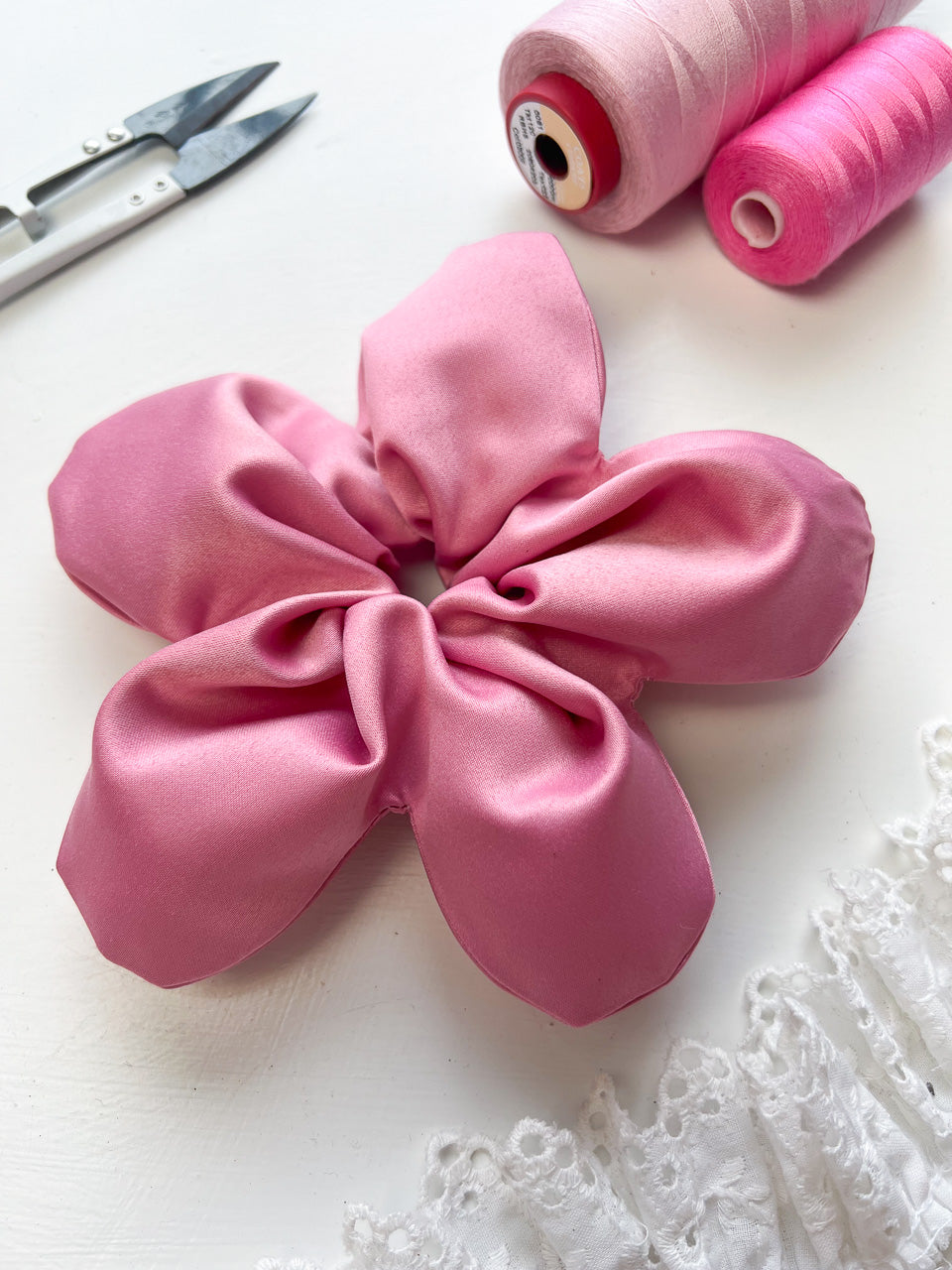 Pink Satin Oversize Flower Scrunchie