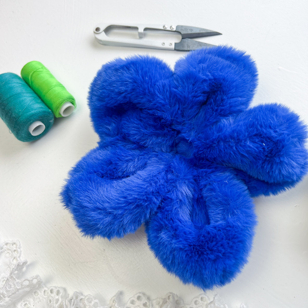 Royal Blue Faux Fur Flower Scrunchie