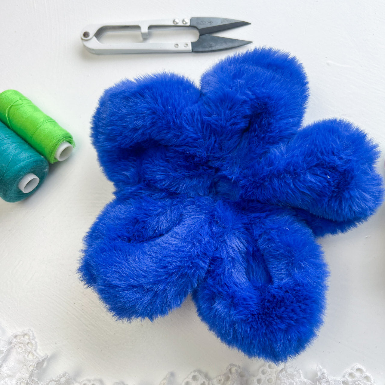 Royal Blue Faux Fur Flower Scrunchie