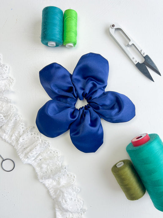 Navy Blue Satin Oversize Flower Scrunchie