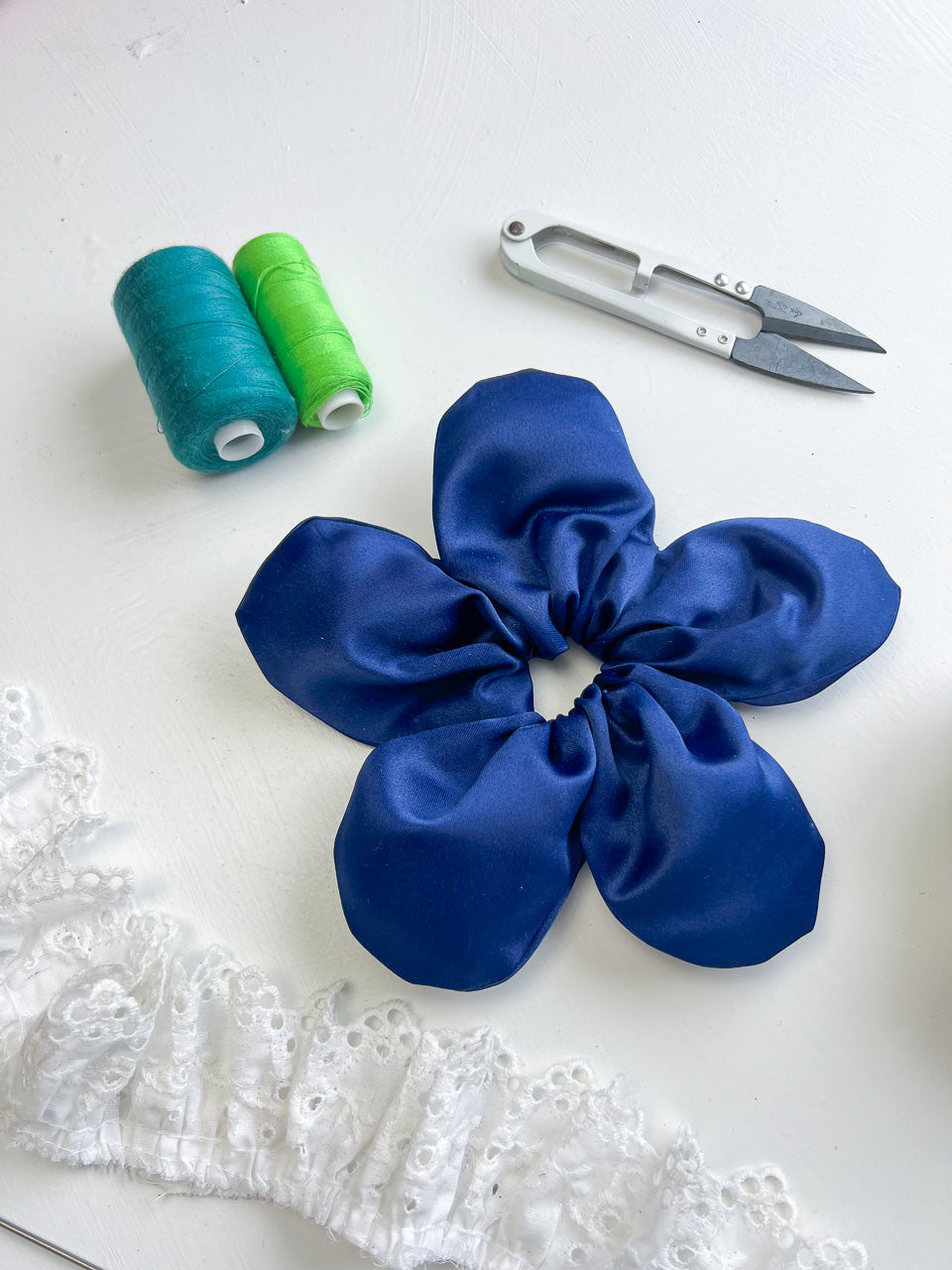 Navy Blue Satin Oversize Flower Scrunchie