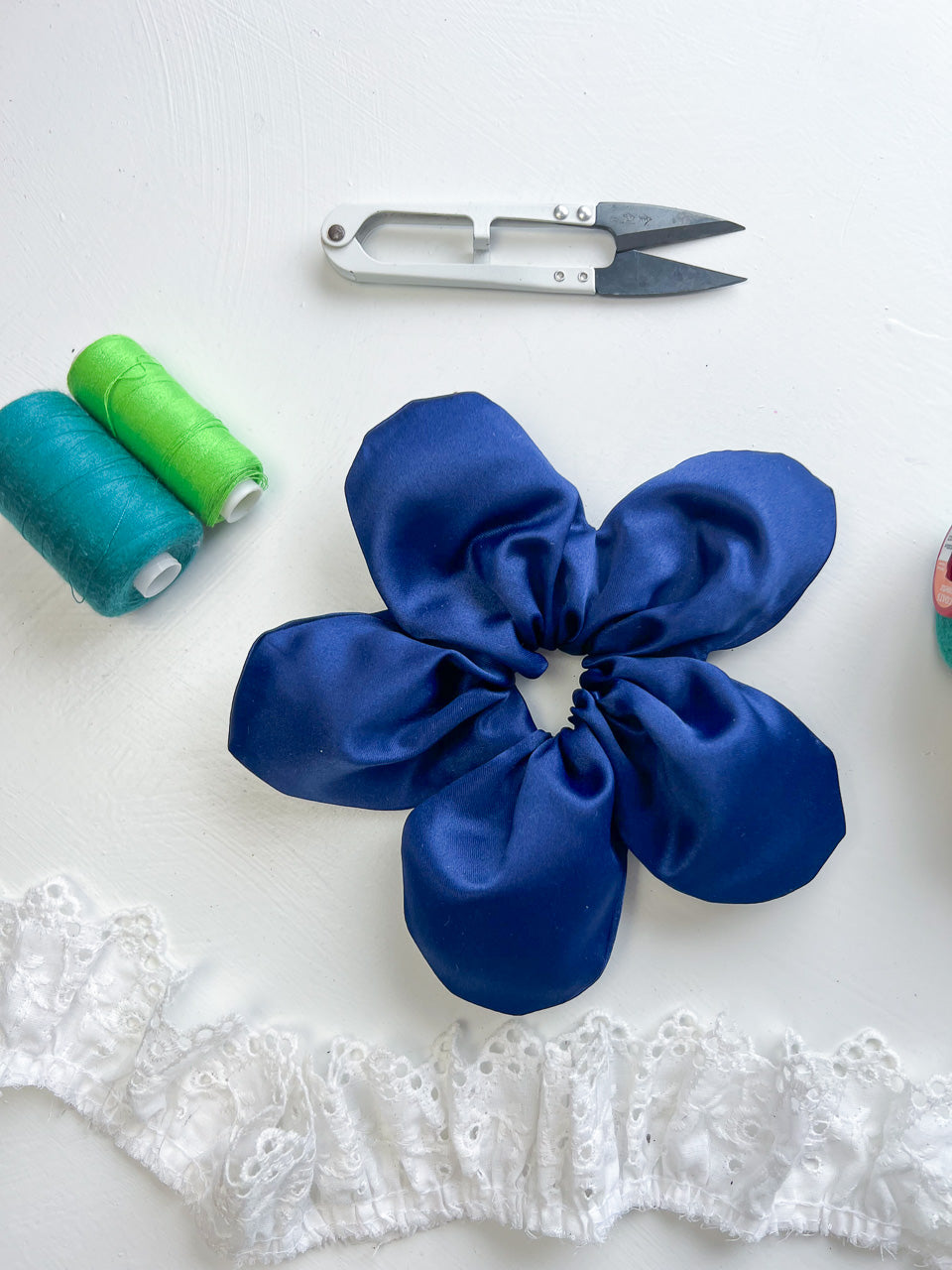 Navy Blue Satin Oversize Flower Scrunchie