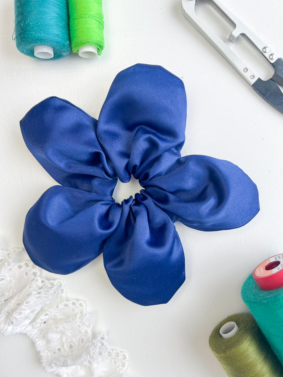 Navy Blue Satin Oversize Flower Scrunchie