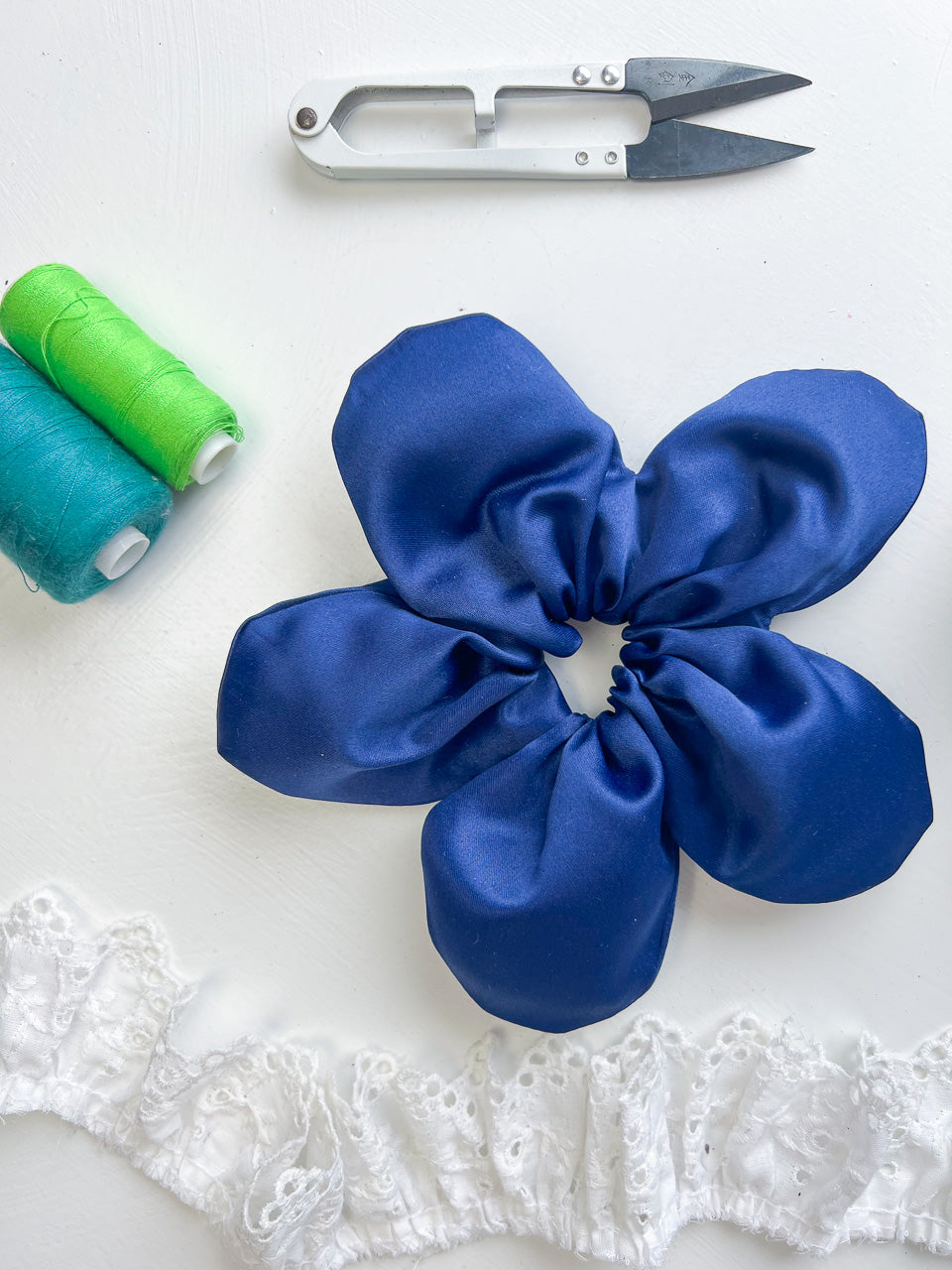 Navy Blue Satin Oversize Flower Scrunchie