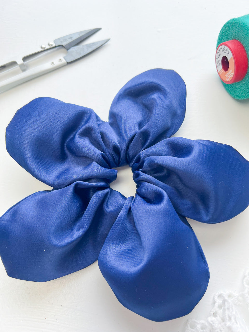 Navy Blue Satin Oversize Flower Scrunchie