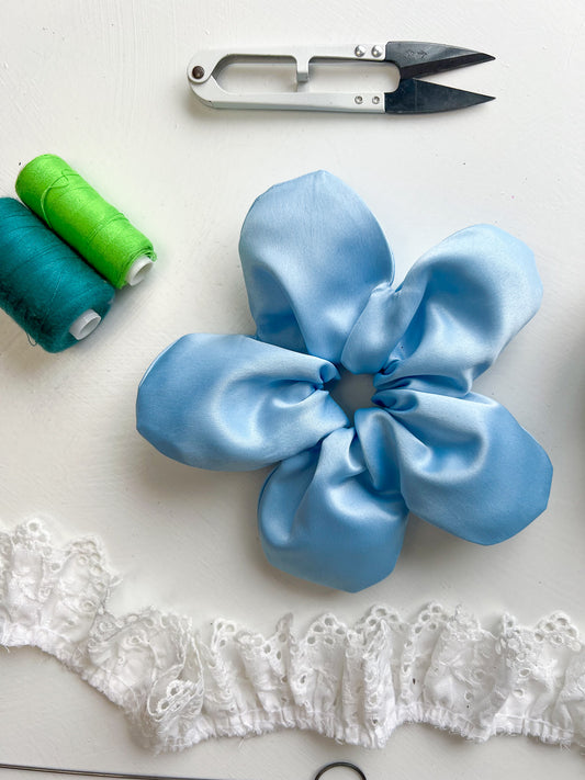 Blue Satin Oversize Flower Scrunchie