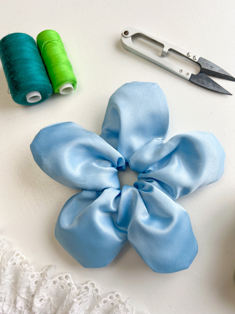 Blue Satin Oversize Flower Scrunchie