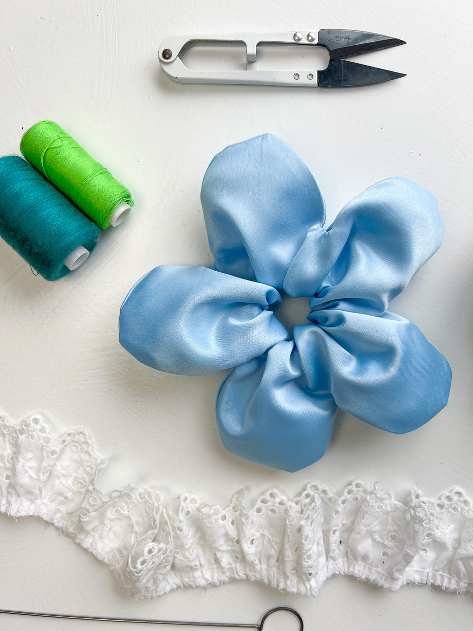 Blue Satin Oversize Flower Scrunchie