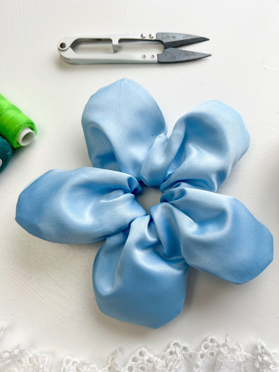 Blue Satin Oversize Flower Scrunchie