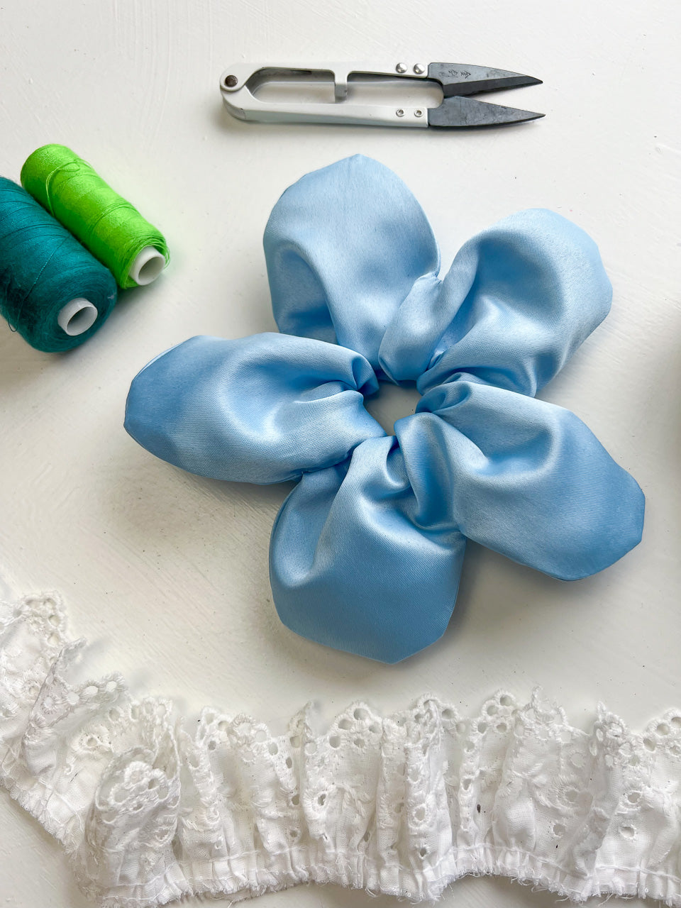 Blue Satin Oversize Flower Scrunchie