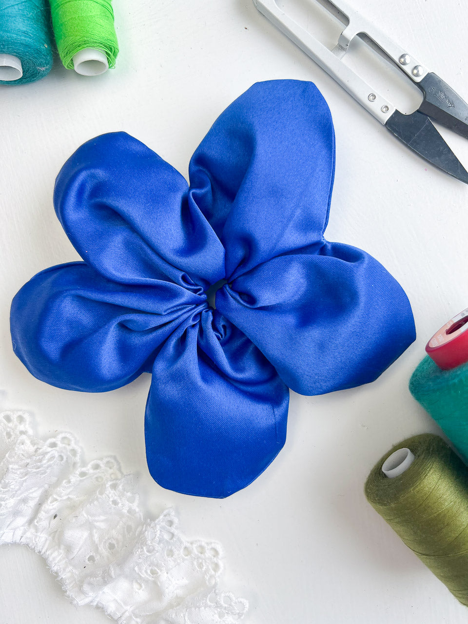 Royal Blue Satin Oversize Flower Scrunchie