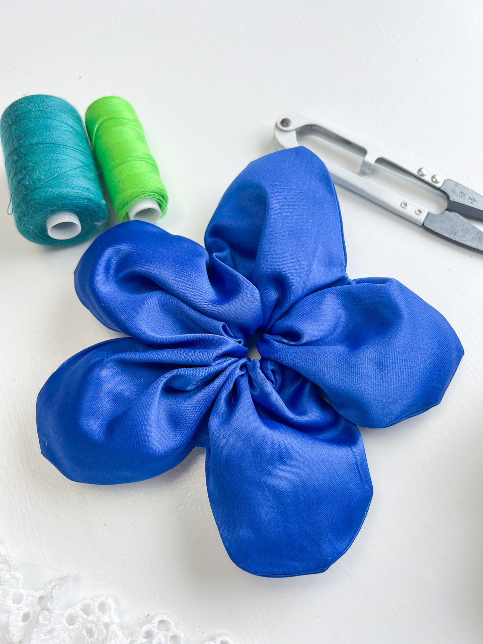 Royal Blue Satin Oversize Flower Scrunchie