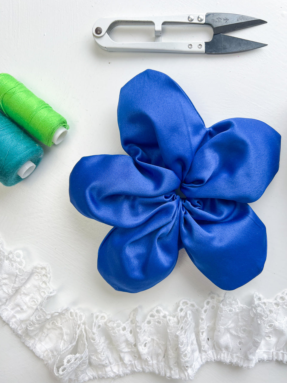 Royal Blue Satin Oversize Flower Scrunchie