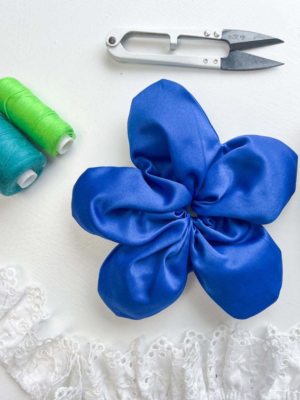 Royal Blue Satin Oversize Flower Scrunchie