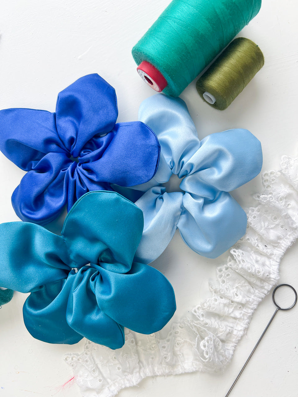 Teal Satin Oversize Flower Scrunchie