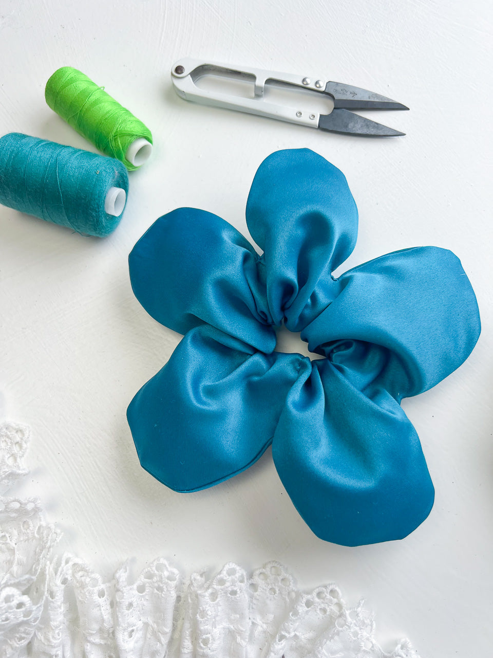 Teal Satin Oversize Flower Scrunchie