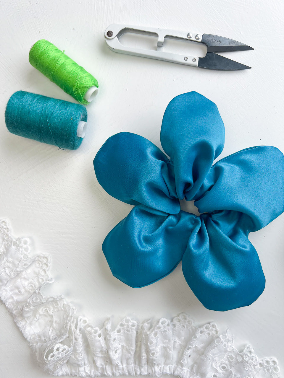 Teal Satin Oversize Flower Scrunchie