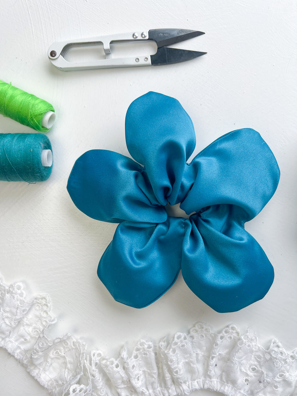 Teal Satin Oversize Flower Scrunchie