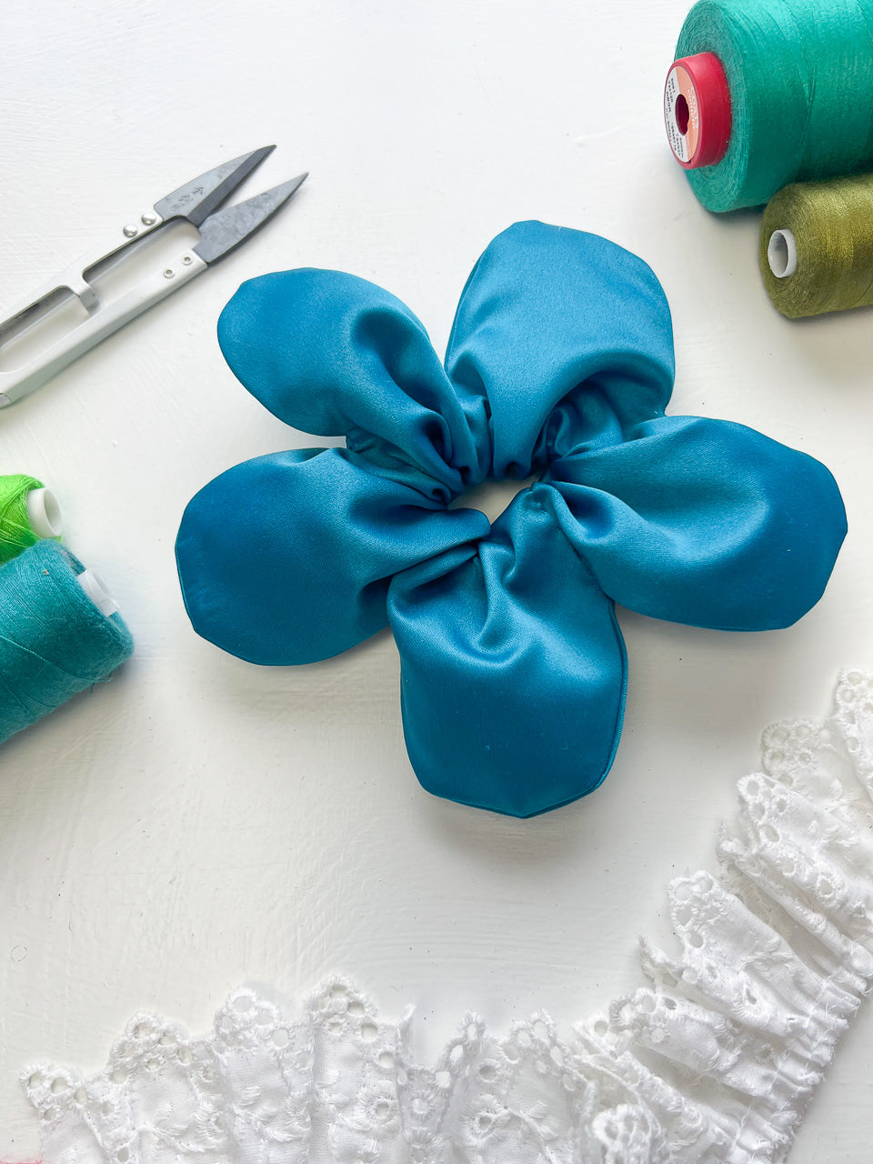 Teal Satin Oversize Flower Scrunchie