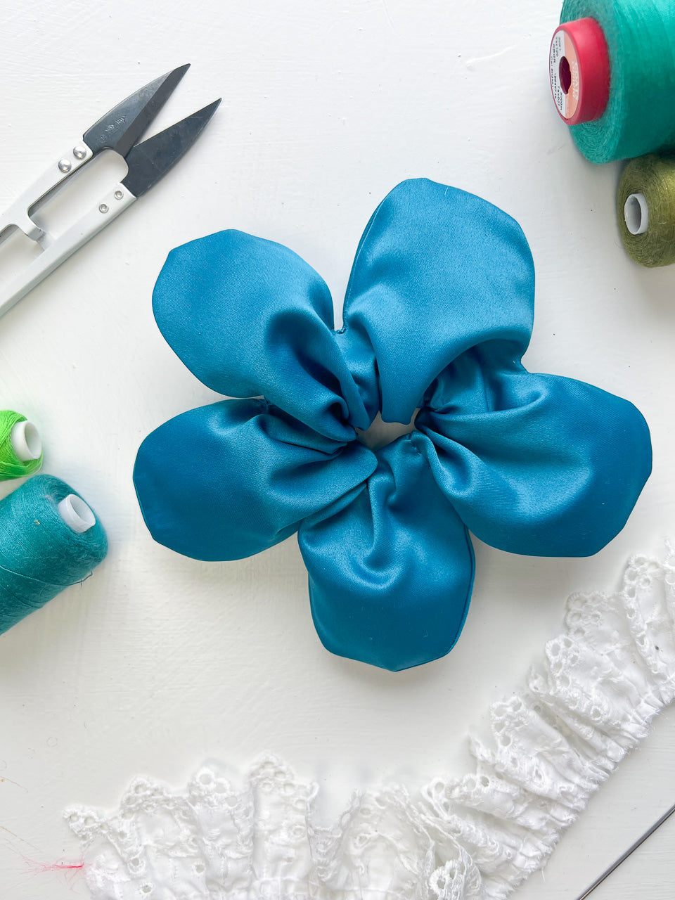 Teal Satin Oversize Flower Scrunchie