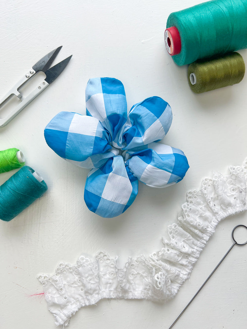 Blue Gingham Taffeta Oversize Flower Scrunchie