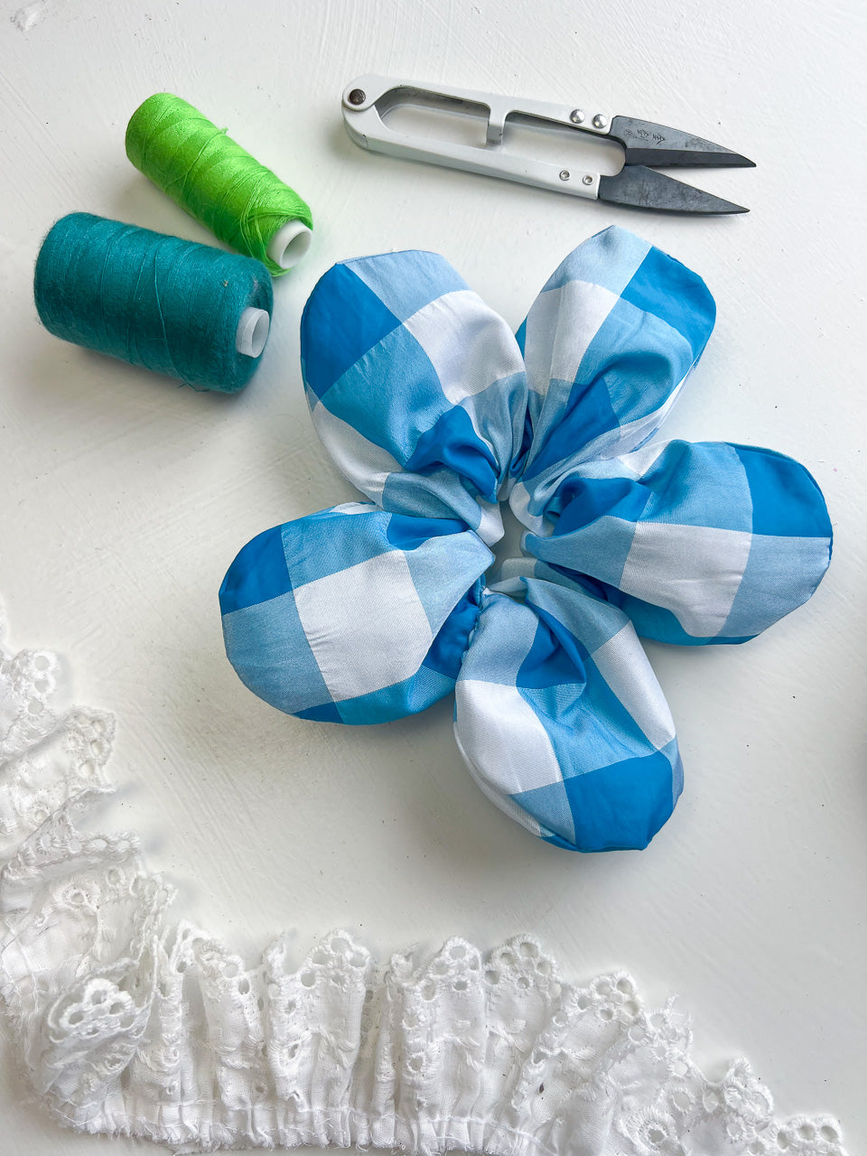 Blue Gingham Taffeta Oversize Flower Scrunchie