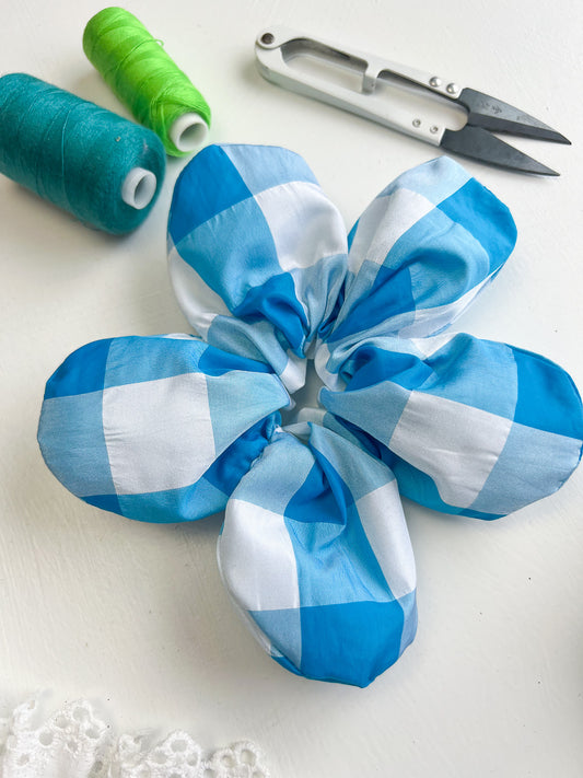 Blue Gingham Taffeta Oversize Flower Scrunchie