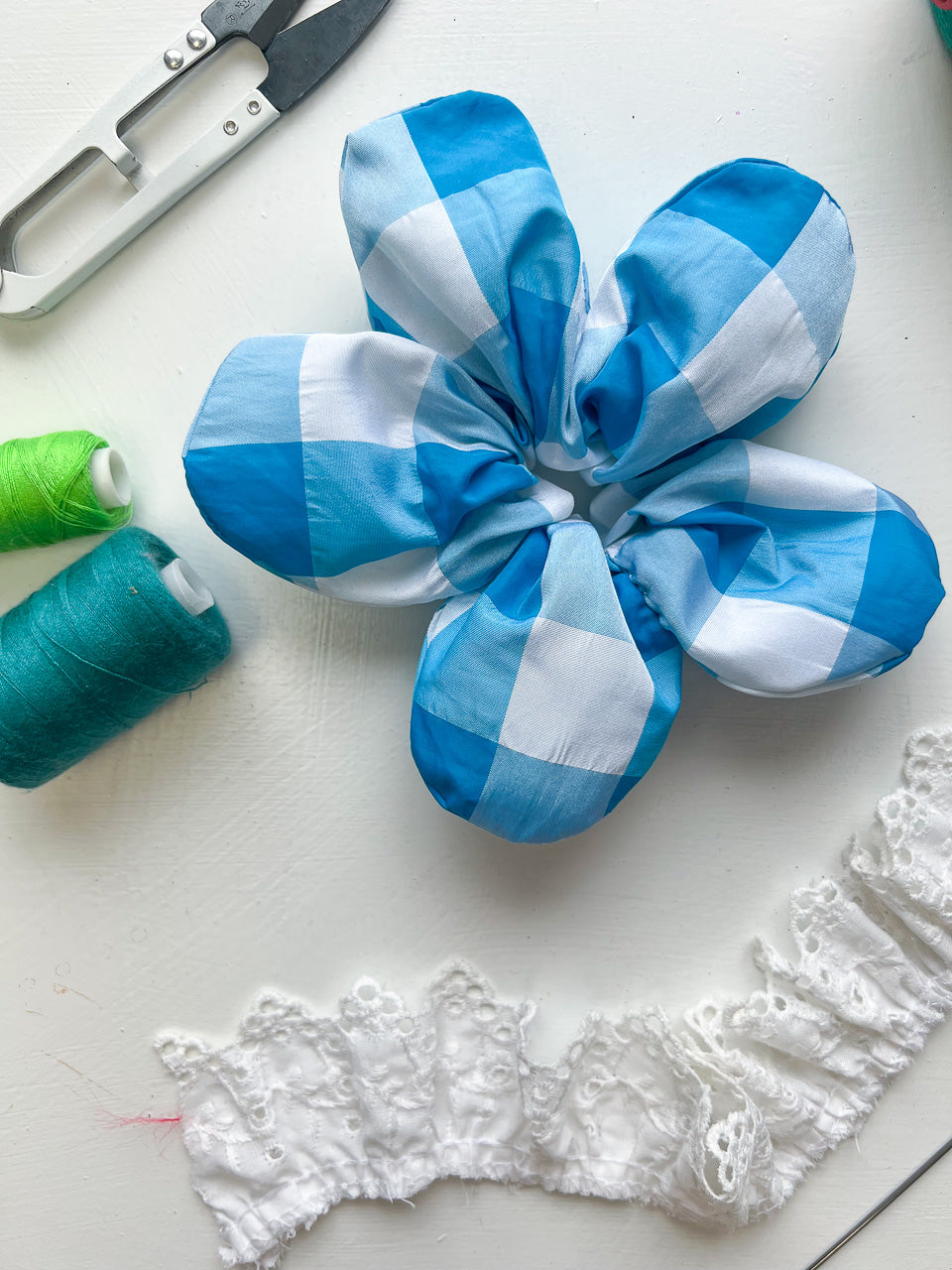 Blue Gingham Taffeta Oversize Flower Scrunchie