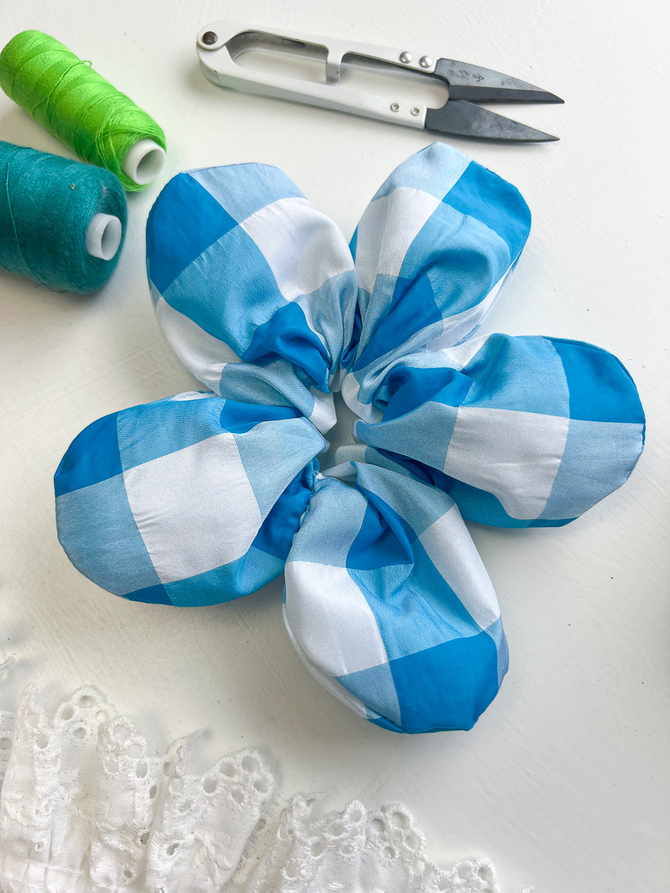 Blue Gingham Taffeta Oversize Flower Scrunchie