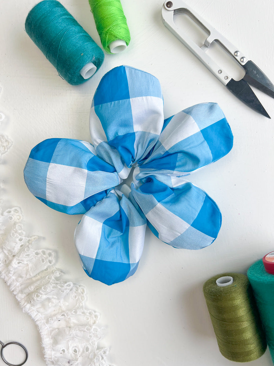 Blue Gingham Taffeta Oversize Flower Scrunchie