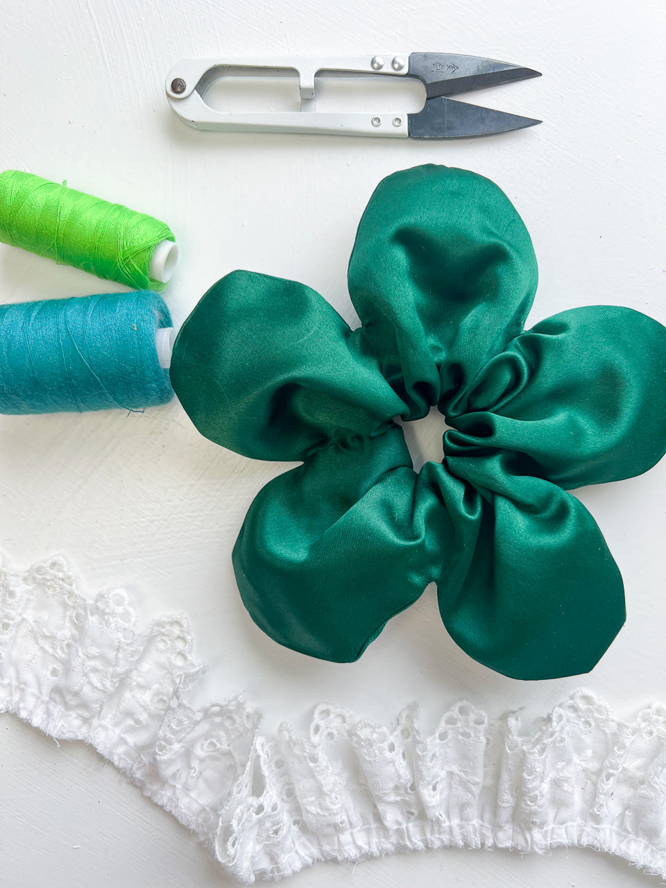 Bottle Green Satin Oversize Flower Scrunchie