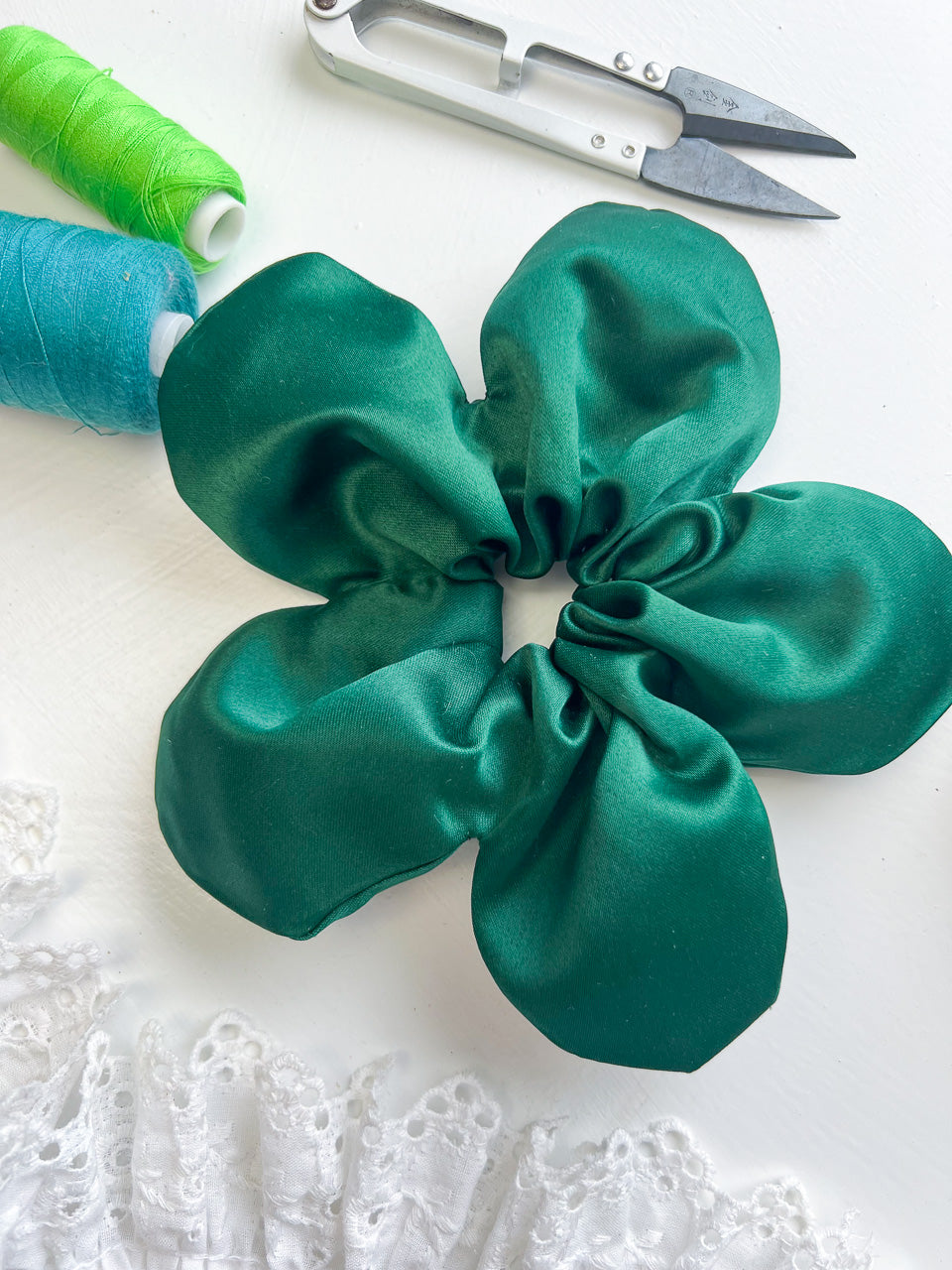 Bottle Green Satin Oversize Flower Scrunchie