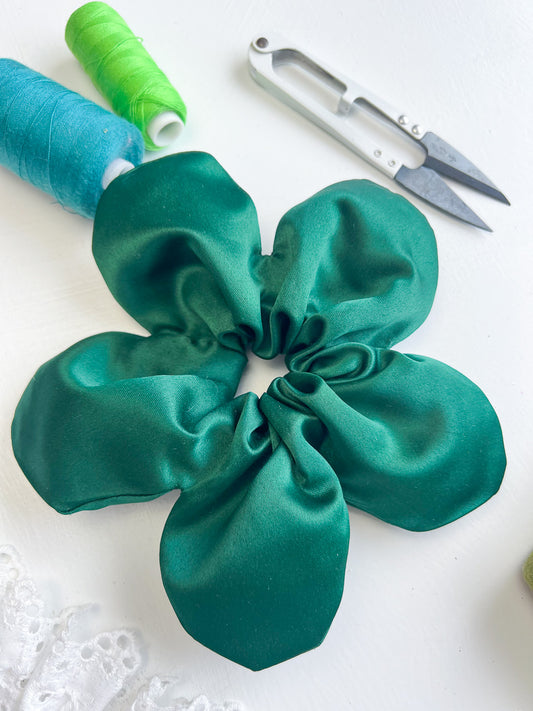 Bottle Green Satin Oversize Flower Scrunchie