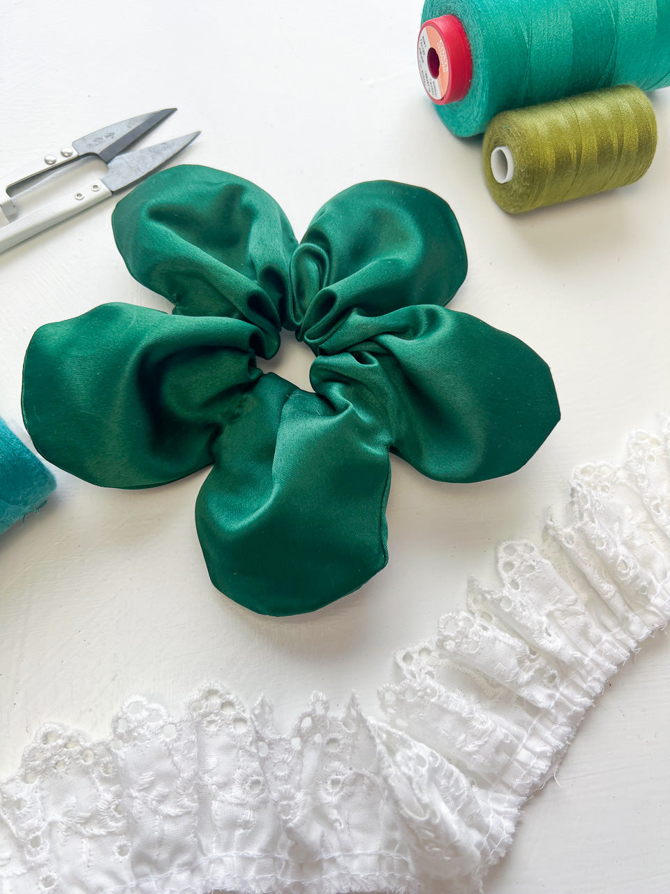 Bottle Green Satin Oversize Flower Scrunchie