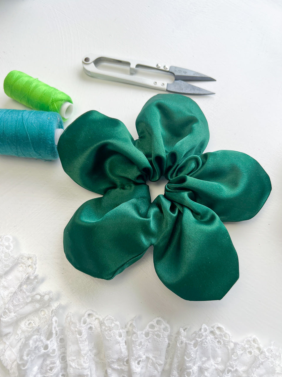 Bottle Green Satin Oversize Flower Scrunchie