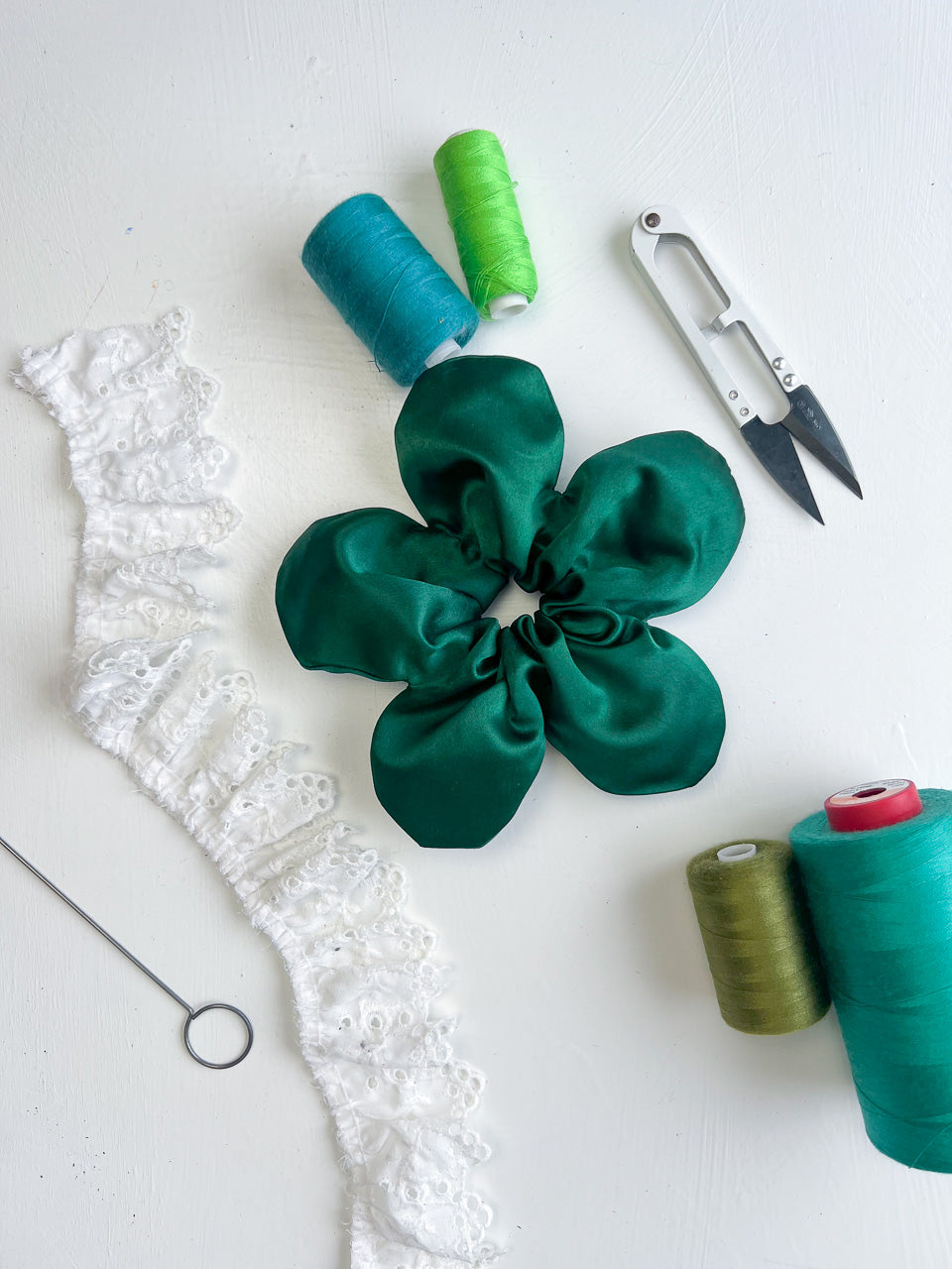 Bottle Green Satin Oversize Flower Scrunchie