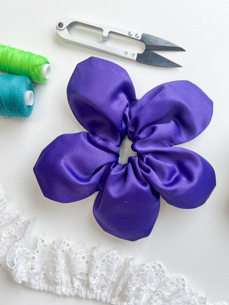 Violet Purple Satin Oversize Flower Scrunchie