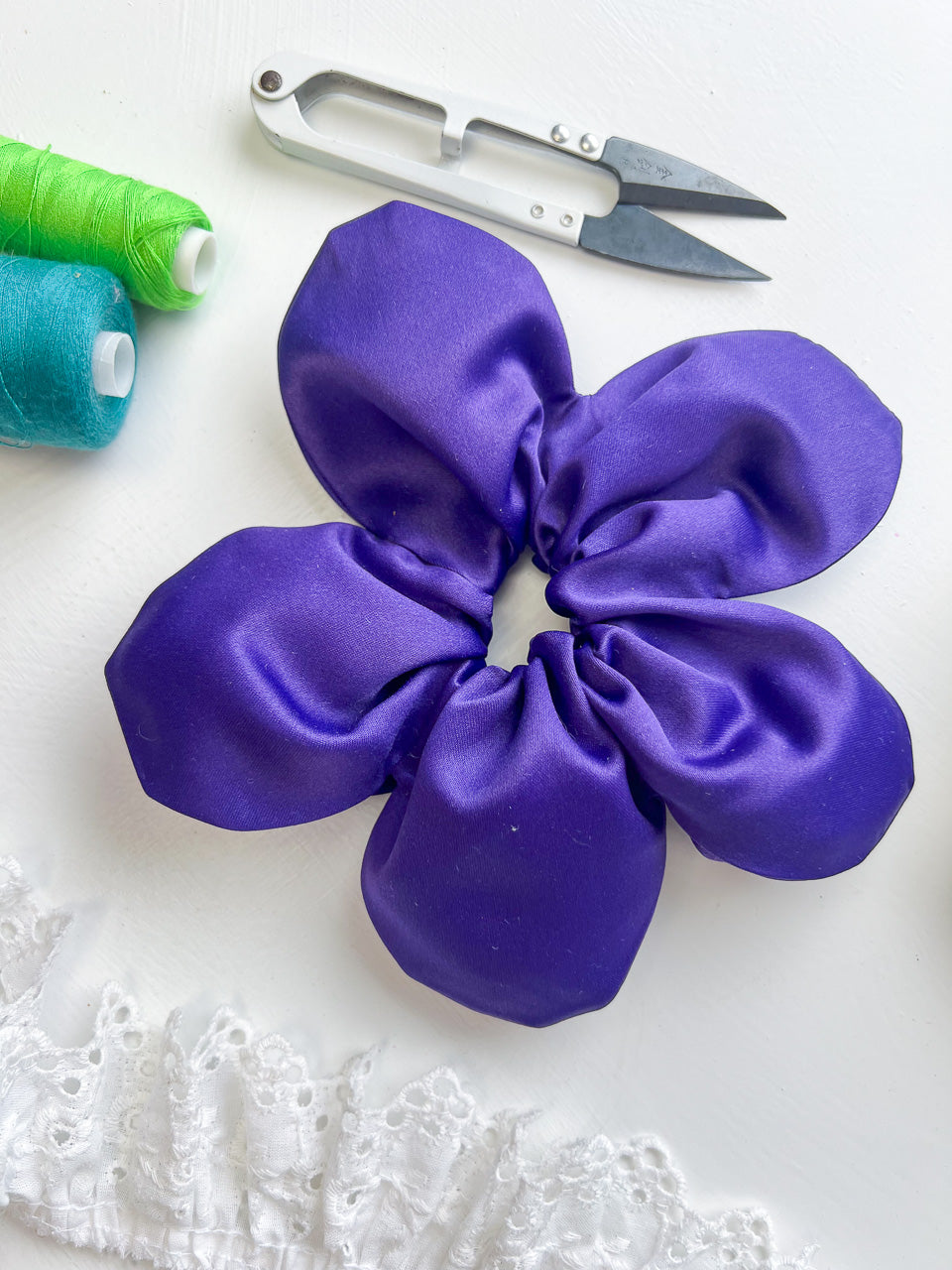 Violet Purple Satin Oversize Flower Scrunchie