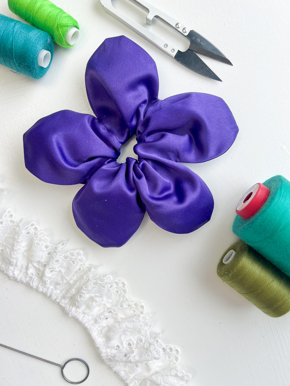 Violet Purple Satin Oversize Flower Scrunchie