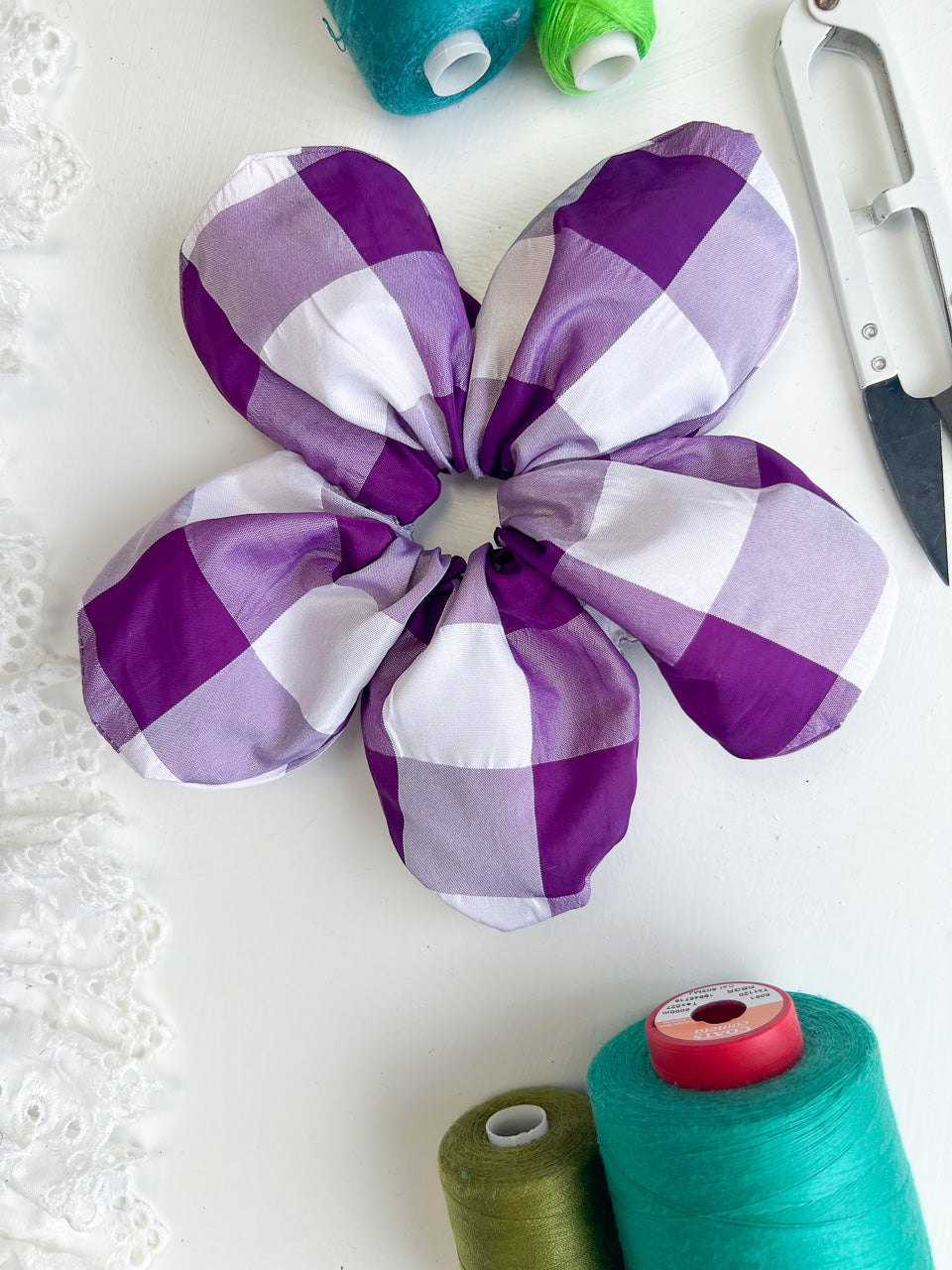 Purple Gingham Taffeta Oversize Flower Scrunchie