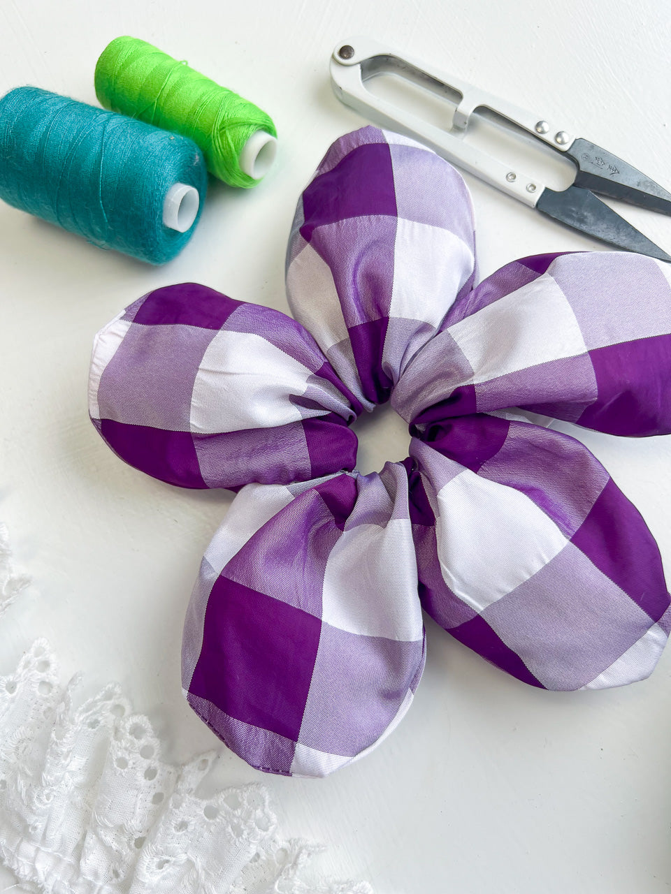 Purple Gingham Taffeta Oversize Flower Scrunchie