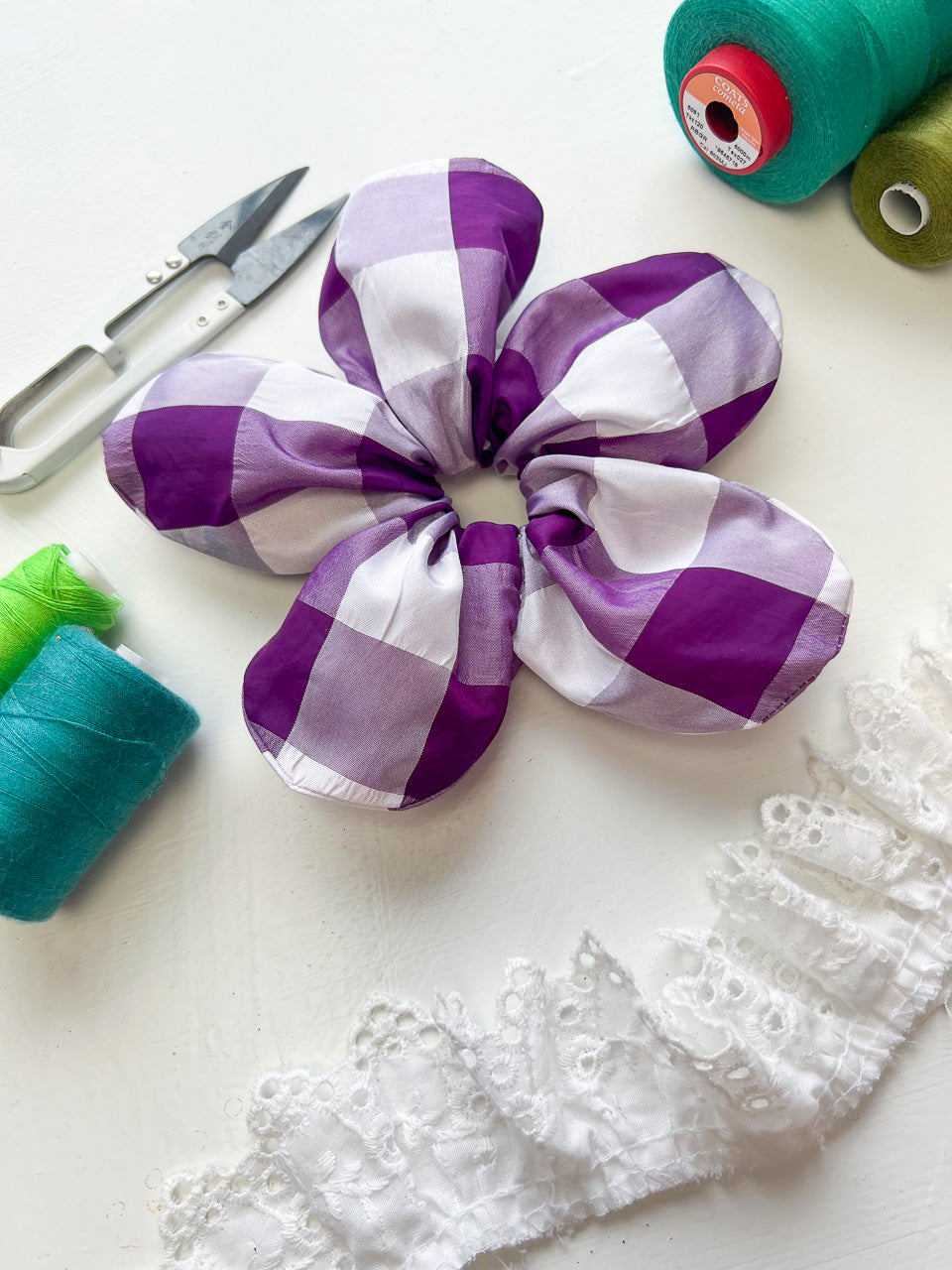 Purple Gingham Taffeta Oversize Flower Scrunchie