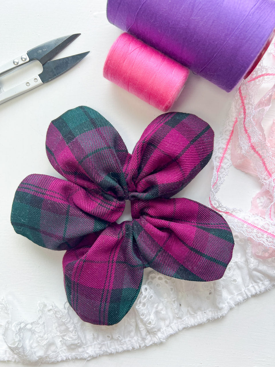 Purple Tartan Oversize Flower Scrunchie