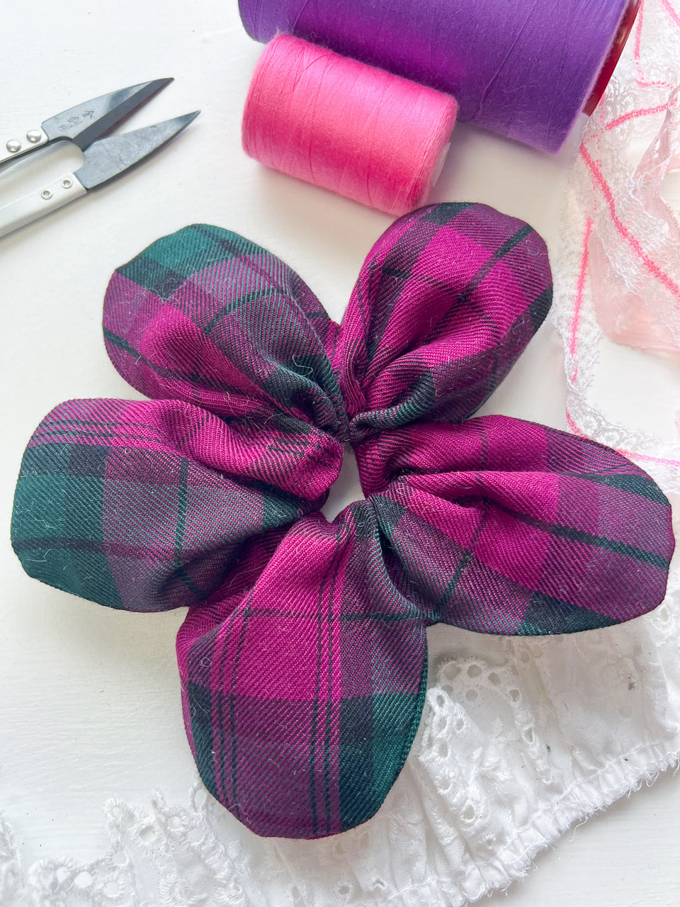 Purple Tartan Oversize Flower Scrunchie