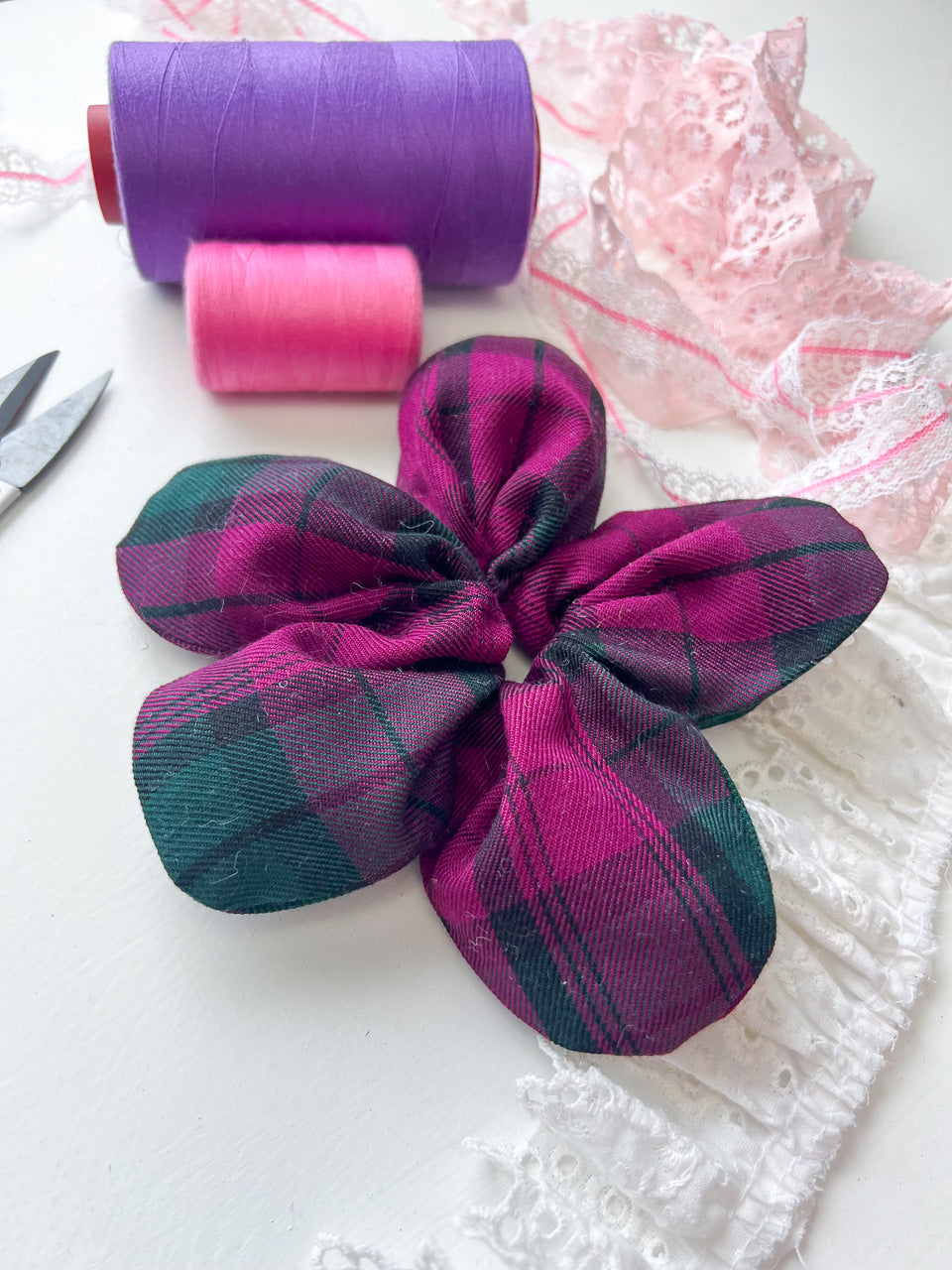 Purple Tartan Oversize Flower Scrunchie