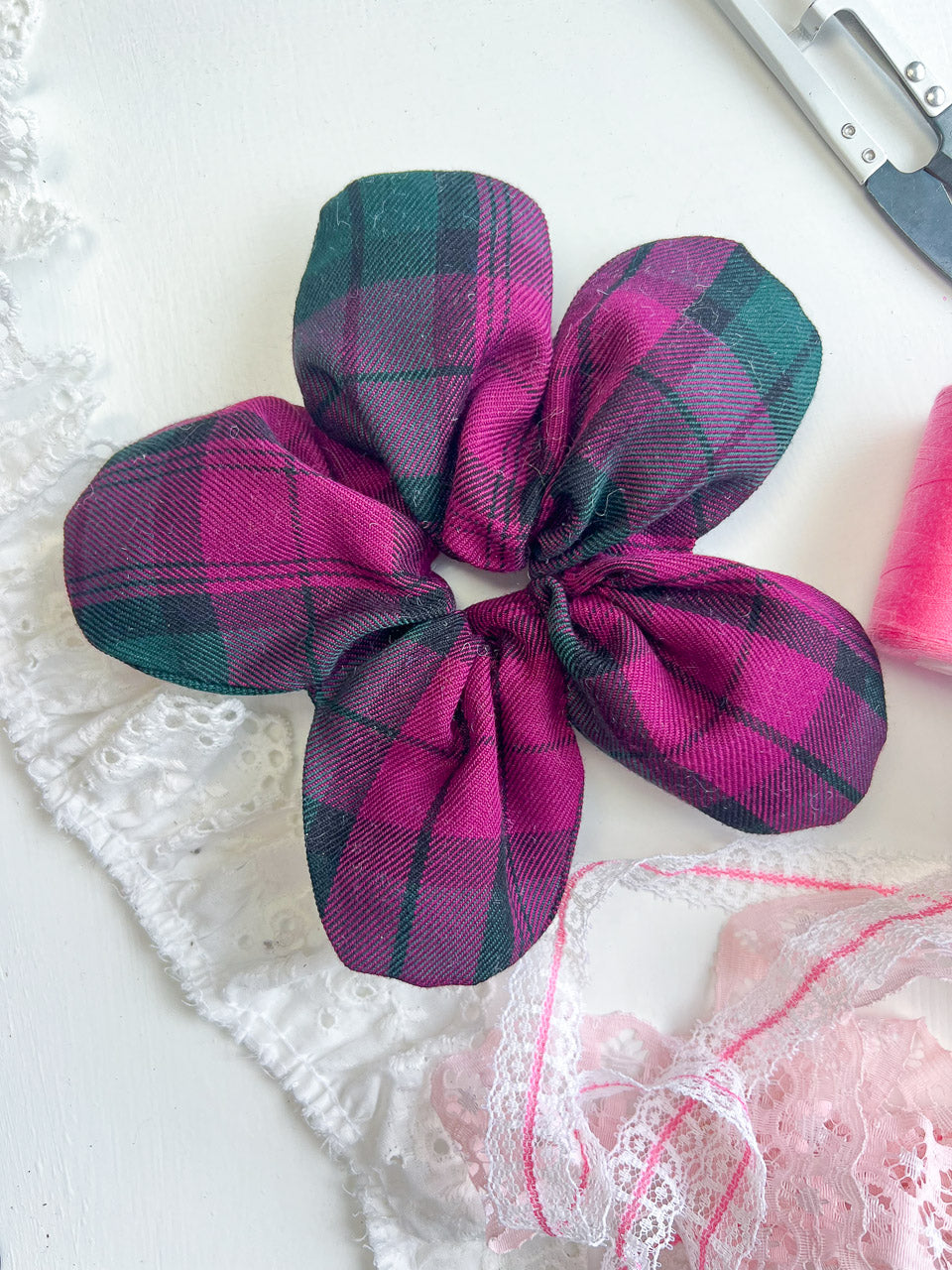 Purple Tartan Oversize Flower Scrunchie