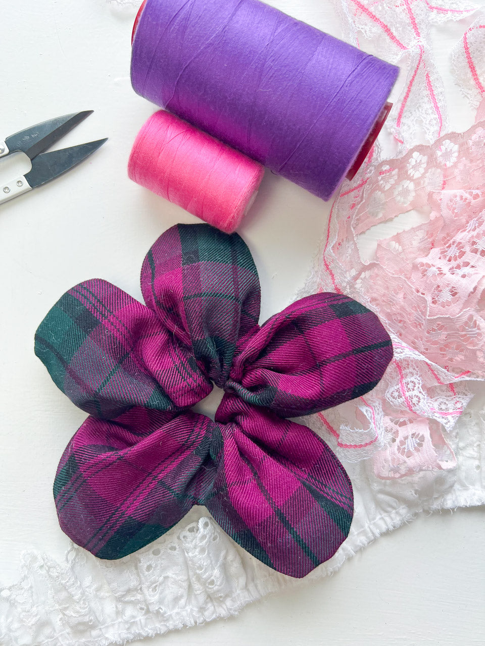 Purple Tartan Oversize Flower Scrunchie