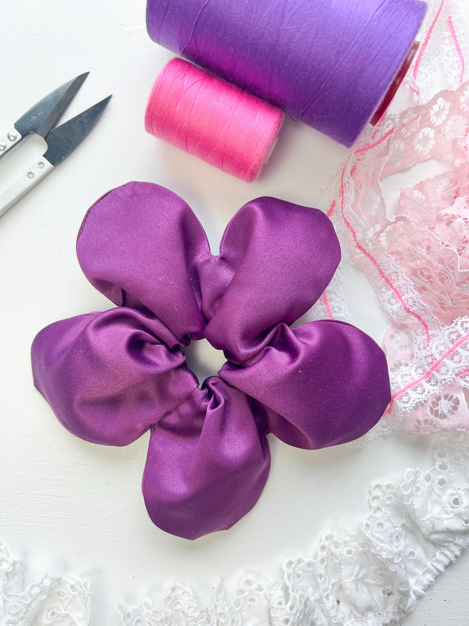 Purple Satin Oversize Flower Scrunchie