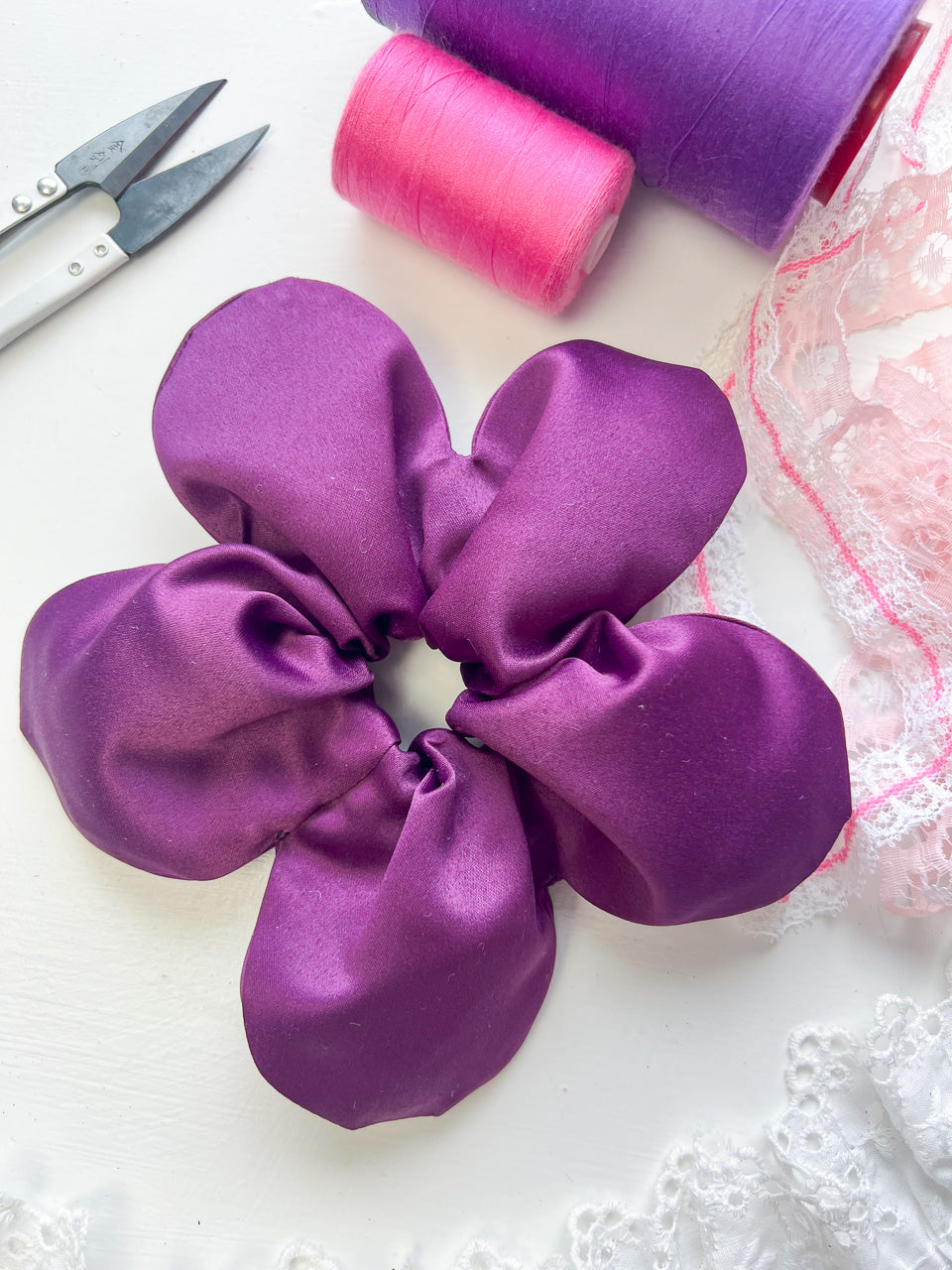 Purple Satin Oversize Flower Scrunchie